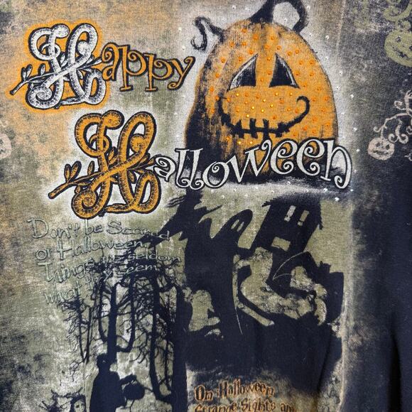 Cactus Bay “Happy Halloween” AOP Tee Large Spooky, Pumpkin, Ghosts, Embellished - Picture 4 of 6